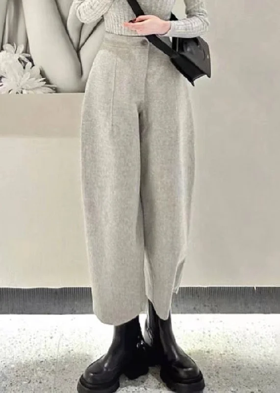 Simple Grey Button High Waist Woolen Crop Pants Winter Elegant Silk Pants