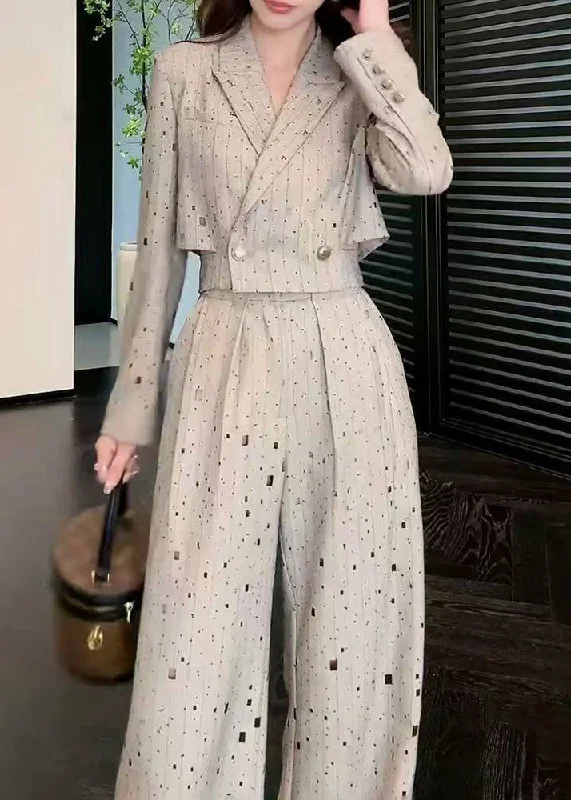 Stylish Grey Notched Print Top And Wide Leg Pants Two Pieces Set Spring Chic Wool Trousers Stylish Grey Notched Print Top And Wide Leg Pants Two Pieces Set Spring Chic Wool Trousers