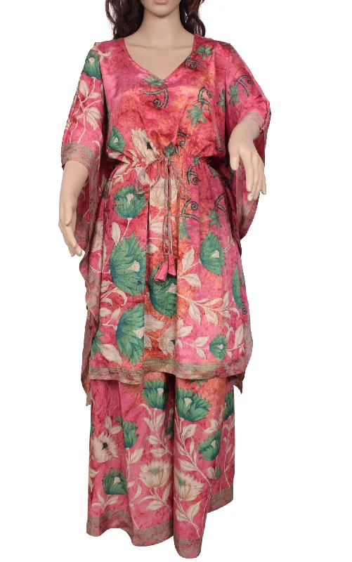 Sushila Vintage Blend Silk Sari upcycled Palazzo Pants & Kafhtan Top Set Pink Casual Track Pants