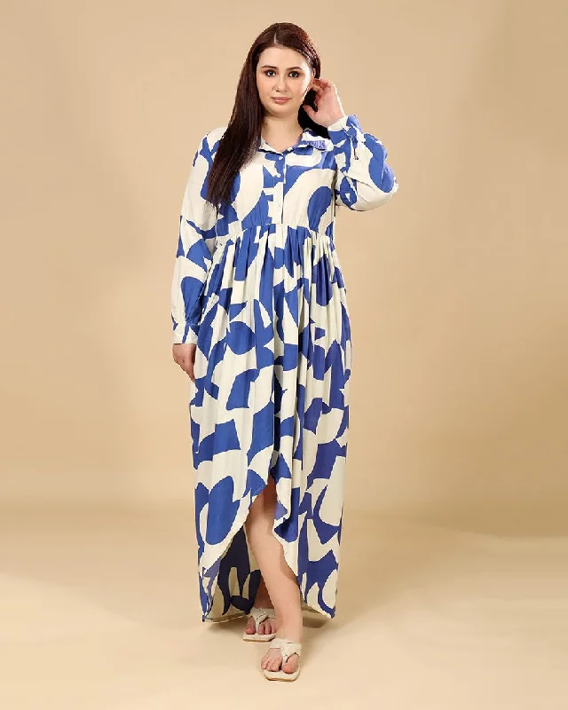 White & Blue Abstract Printed High Low Dress