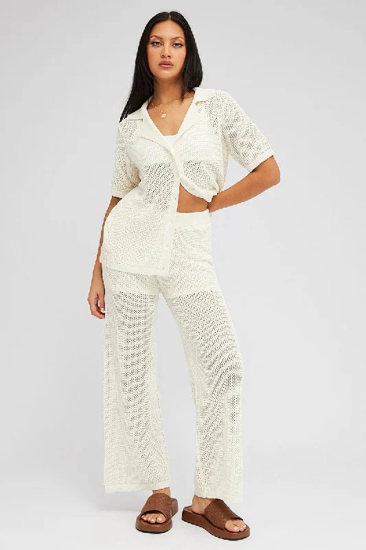 White Knit Pants Wide Leg Crochet Trendy Velvet Pants