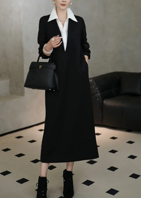 Women Black Peter Pan Collar False Two Pieces Patchwork Cotton Dresses Fall