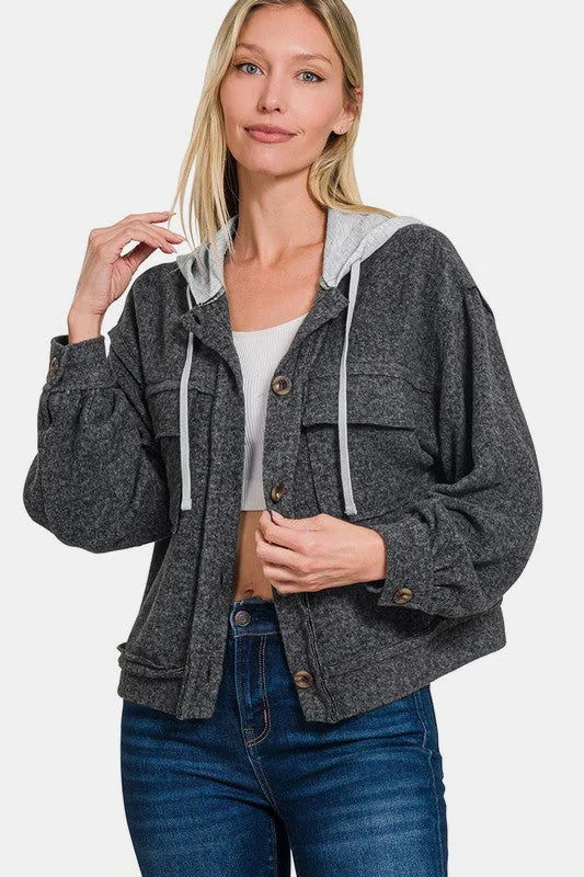 Zenana Brushed Hacci Button Down Drawstring Hooded Shacket Hoodie with Button Placket Classic Preppy Zenana Brushed Hacci Button Down Drawstring Hooded Shacket Hoodie with Button Placket Classic Preppy