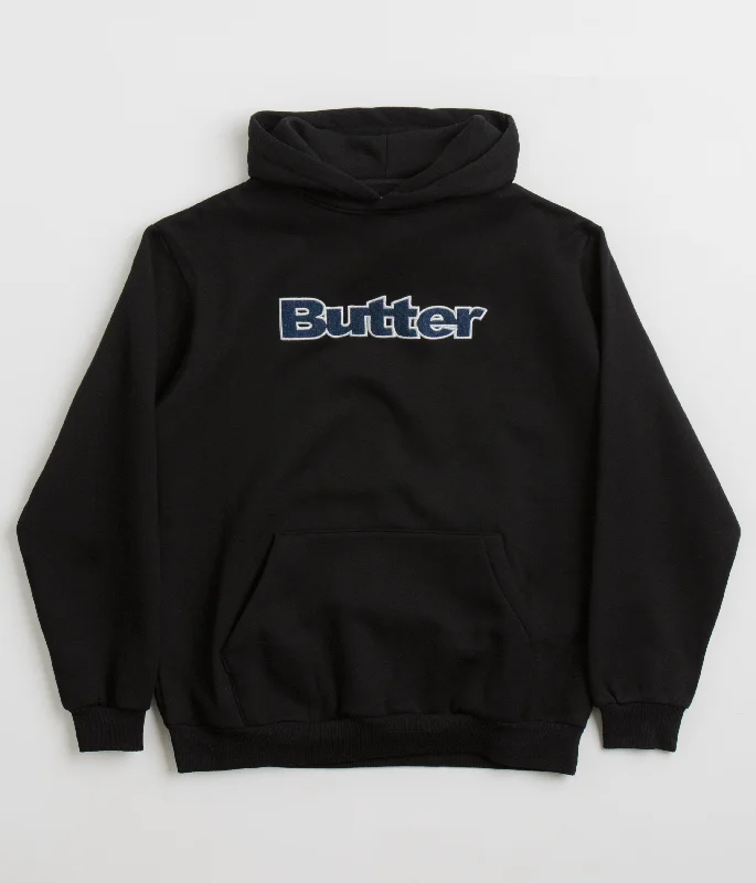 Butter Goods Logo Denim Applique Hoodie - Black Hoodie with V-Neck Classic Versatile Butter Goods Logo Denim Applique Hoodie - Black Hoodie with V-Neck Classic Versatile