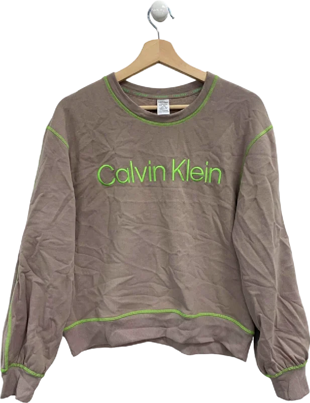 Calvin Klein Taupe/Neon Green Crew Neck Sweatshirt UK XS Hoodie Crop Top Short Trendy Calvin Klein Taupe/Neon Green Crew Neck Sweatshirt UK XS Hoodie Crop Top Short Trendy
