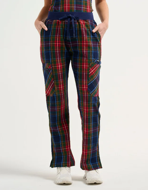 Essential Multi-Pocket Scrub Pants - Christmas Blue Tartan Soft Stretch Trousers