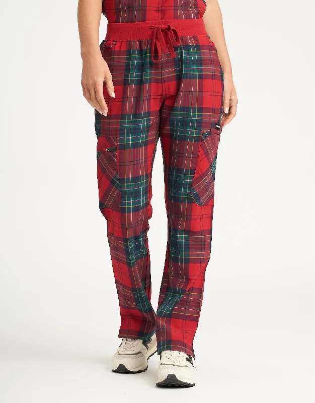 Essential Multi-Pocket Scrub Pants - Christmas Red Tartan High-Waist Jogger Pants