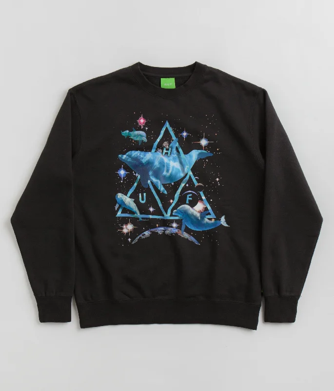 HUF Space Dolphins Wash Crewneck Sweatshirt - Black Hoodie with Turtle Neck Cozy Winter HUF Space Dolphins Wash Crewneck Sweatshirt - Black Hoodie with Turtle Neck Cozy Winter