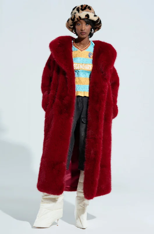 MANCHESTER HOODED FAUX FUR IN WINE Hoodie with Elastic Waist Stretchable Comfortable MANCHESTER HOODED FAUX FUR IN WINE Hoodie with Elastic Waist Stretchable Comfortable
