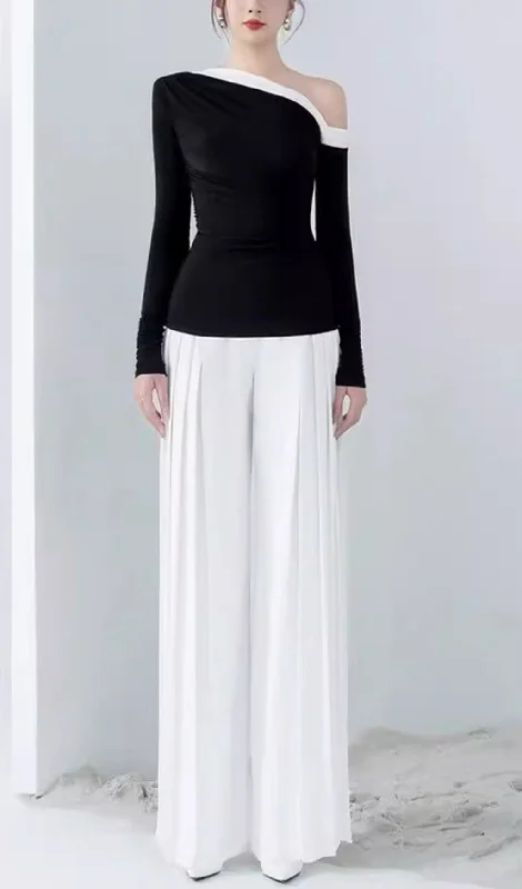 OFF-SHOULDER KNITTED TOP + WIDE-LEG PANTS TWO-PIECE SUIT Comfortable Denim Trousers