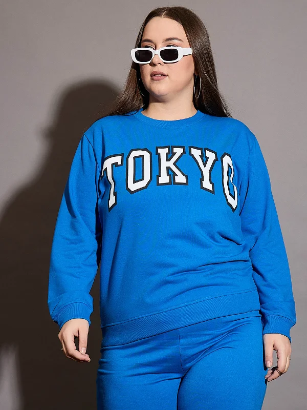 Women Royal Blue Terry TOKYO Printed Sweatshirt Hoodie with Hem Fringe Bohemian Relaxed Women Royal Blue Terry TOKYO Printed Sweatshirt Hoodie with Hem Fringe Bohemian Relaxed