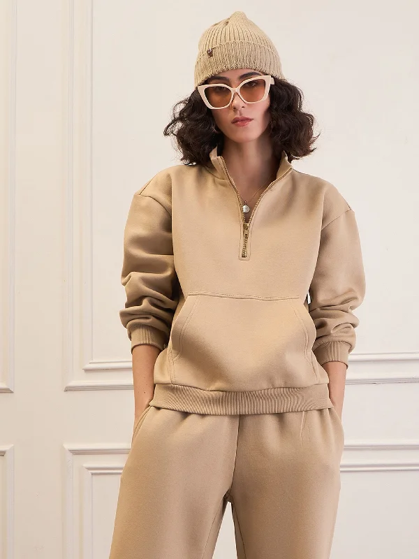Women Beige Fleece Front Zipper Sweatshirt Hoodie with Mock Neck Collared Structured Women Beige Fleece Front Zipper Sweatshirt Hoodie with Mock Neck Collared Structured