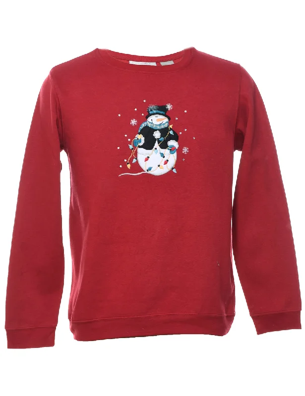 Snowman Design Maroon Christmas Sweatshirt - M Hoodie with Slit Hem Functional Movement Snowman Design Maroon Christmas Sweatshirt - M Hoodie with Slit Hem Functional Movement