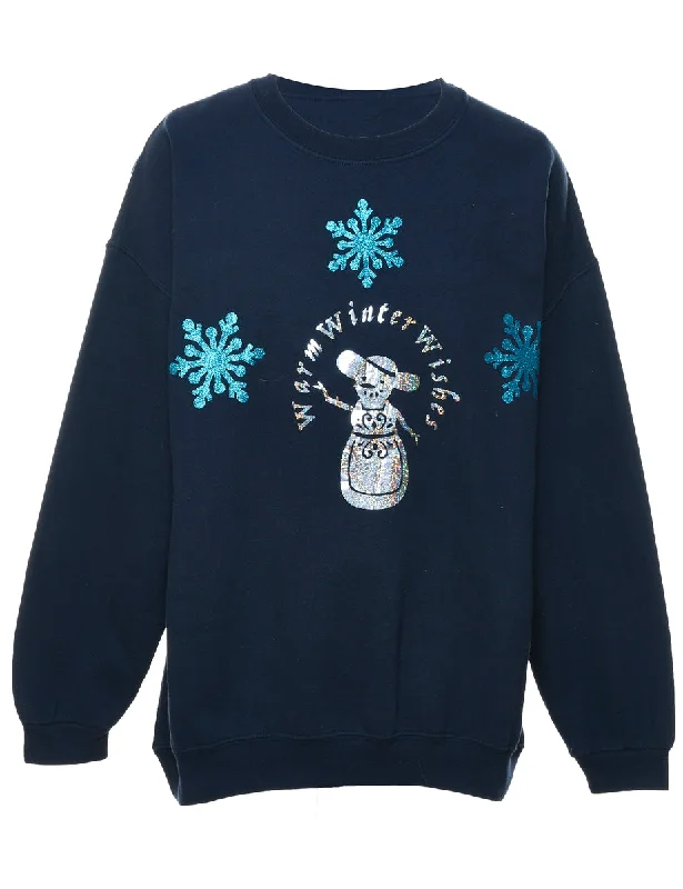 Snowman Design Navy Christmas Sweatshirt - XL Hoodie with Set-In Sleeves Structured Classic Snowman Design Navy Christmas Sweatshirt - XL Hoodie with Set-In Sleeves Structured Classic