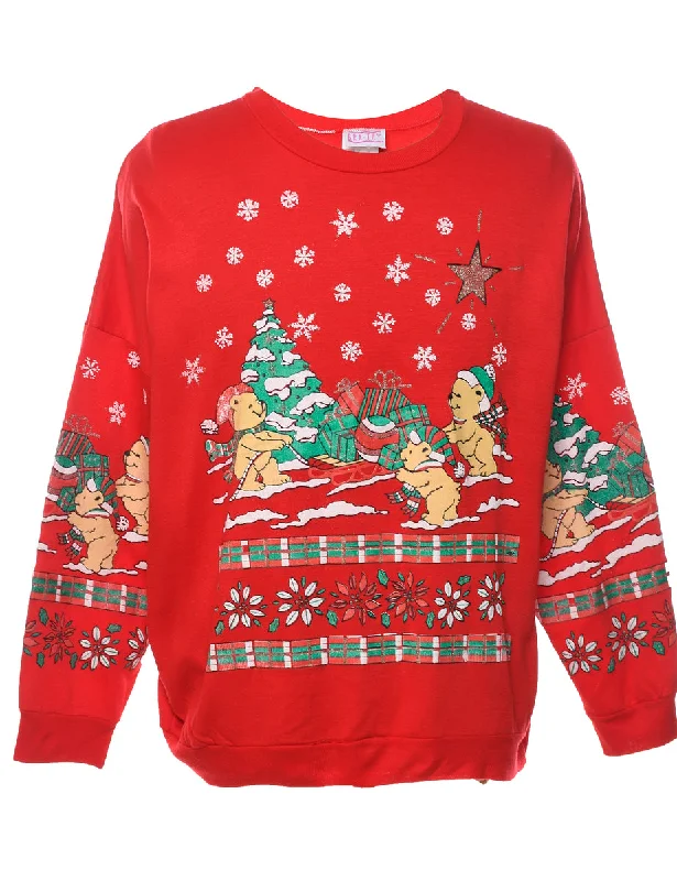 Teddy Bear Print Red Classic Christmas Sweatshirt - L Hoodie with Hem Patch Decorative Personalized Teddy Bear Print Red Classic Christmas Sweatshirt - L Hoodie with Hem Patch Decorative Personalized