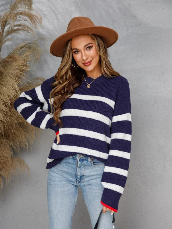 Angel Wings Striped Round Neck Dropped Shoulder Sweater Real Fur Shearling Chenille