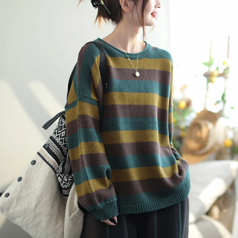 Autumn Fashion Stripe Cotton Knitted Loose Sweater Boat Neck Shawl Collar Notched Collar