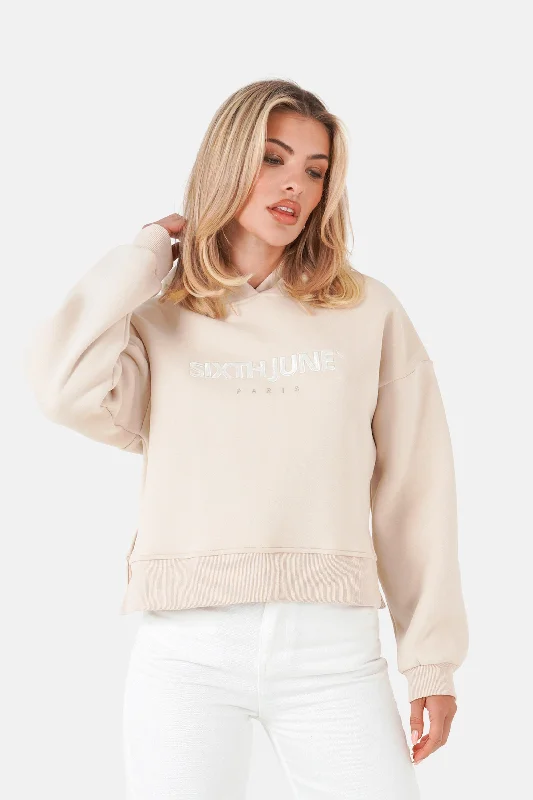 Sweatshirt court logo brodé Beige Hoodie with Hem Elastic Stretchable Comfortable