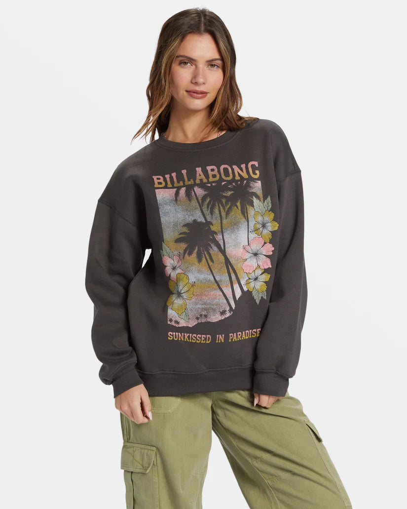 BILLABONG SUNKISSED PARADISE CREW WOMENS SWEATSHIRT - BLACK Hoodie with Puffed Sleeves Voluminous Trendy