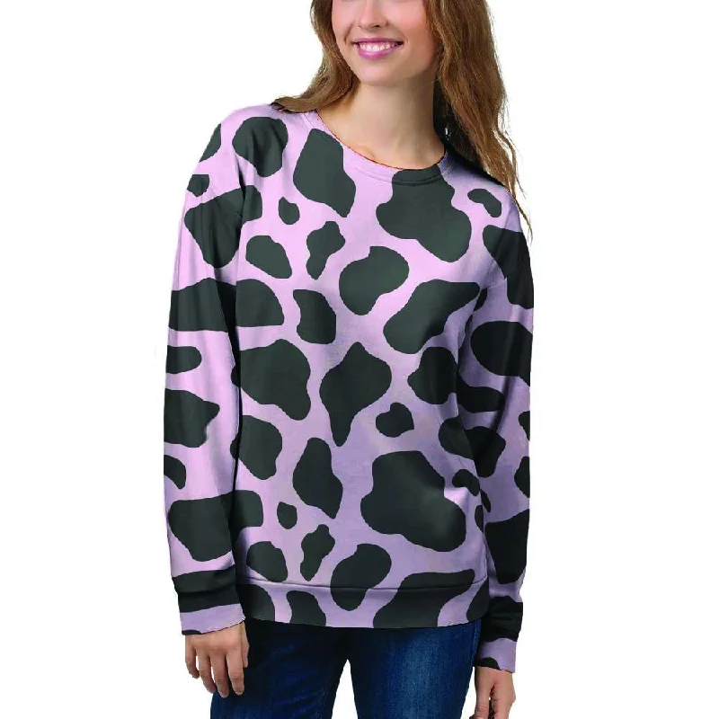 Black And Pink Cow Print Women's Sweatshirt Hoodie with Fur Luxurious Winter