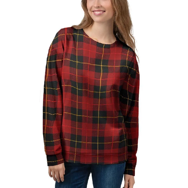 Black And Red Plaid Tartan Women's Sweatshirt Hoodie with Ribbed Hem Stretchable Secure