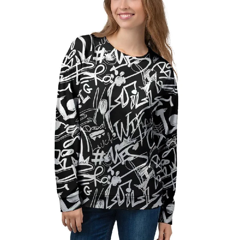 Black And White Graffiti Doodle Text Print Women's Sweatshirt Hooded Sweatshirt Casual Wear Street Style