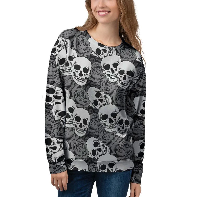 Black And White Rose Floral Skull Women's Sweatshirt Hoodie with Hem Frayed Vintage Worn