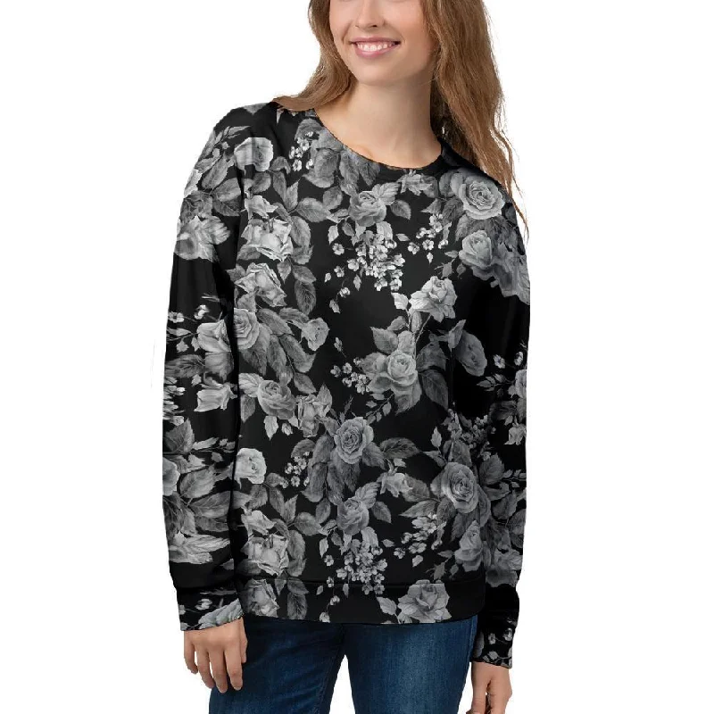 Black And White Rose Flower Women's Sweatshirt Hoodie with Hem Patch Decorative Personalized