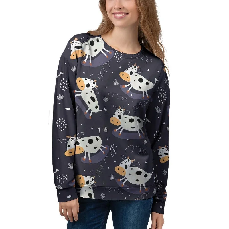 Black Cartoon Cow Print Women's Sweatshirt Hoodie with Slit Hem Functional Movement