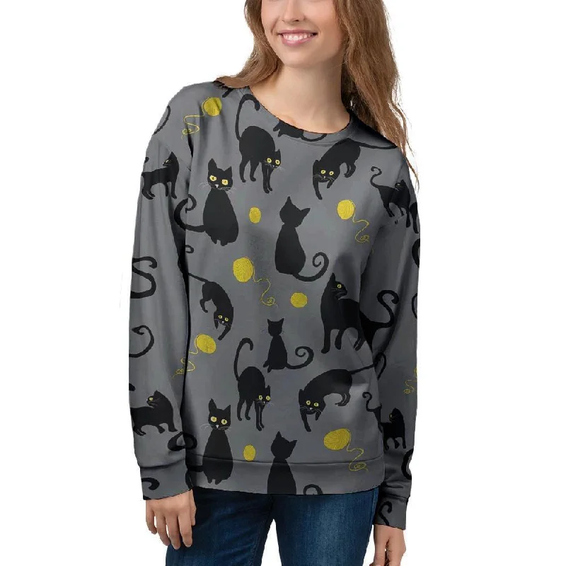 Black Cat Knit Print Women's Sweatshirt Hoodie with Double Zipper Versatile Adjustable