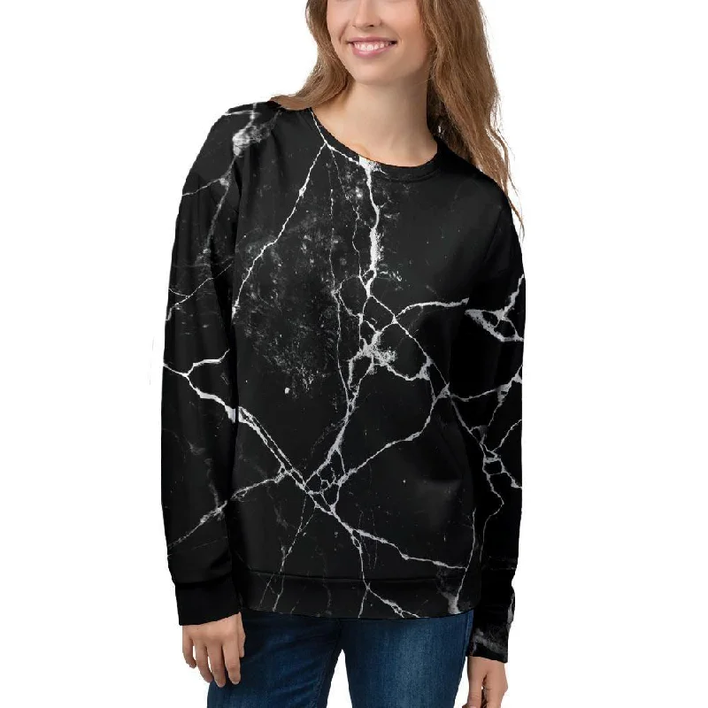 Black Cracked Marble Women's Sweatshirt Hoodie with Zipper Placket Modern Functional