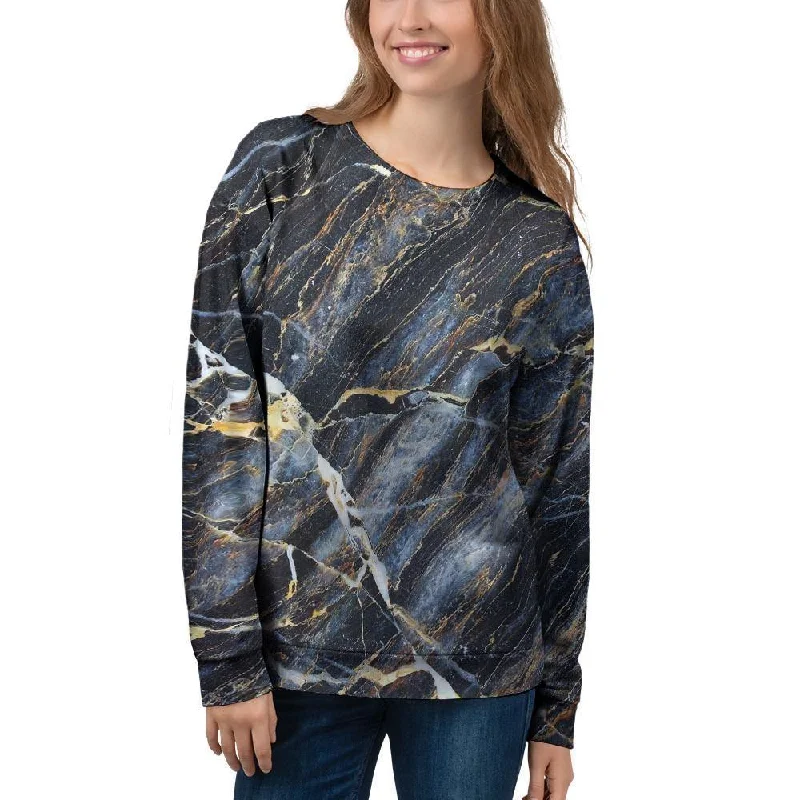 Black Gold Cracked Marble Women's Sweatshirt Hoodie with Mock Neck Collared Structured