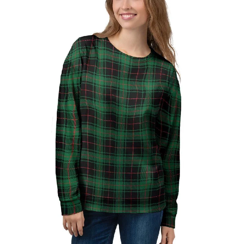 Black Green Plaid Tartan Women's Sweatshirt Hoodie with Cuffed Sleeves Snug Secure