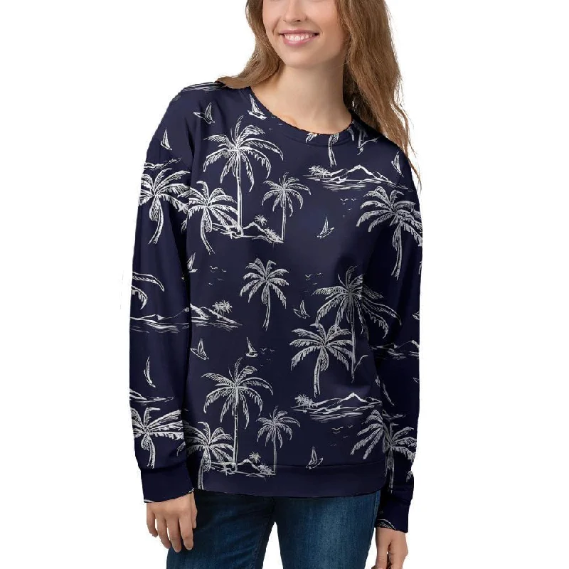 Black Palm Tree Hawaiian Print Women's Sweatshirt Hoodie with Bell Sleeves Flared Feminine