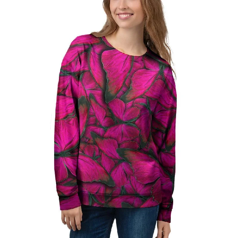 Black Pink Butterfly Print Women's Sweatshirt Hoodie with Cropped Fit Short Trendy