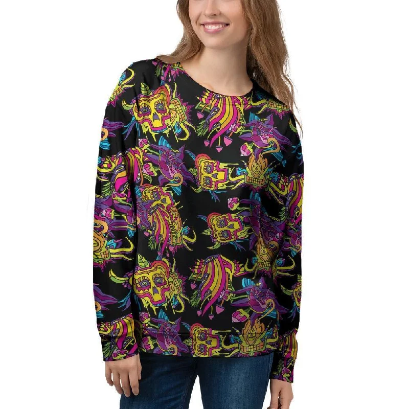 Black Skull Trippy Psychedelic Women's Sweatshirt Hoodie with Camouflage Military Edgy