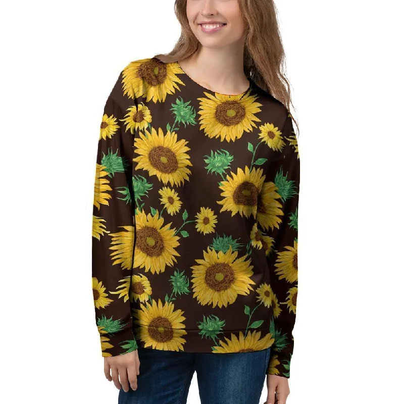 Black Sunflower Print Women's Sweatshirt Hoodie with Typography Text Message