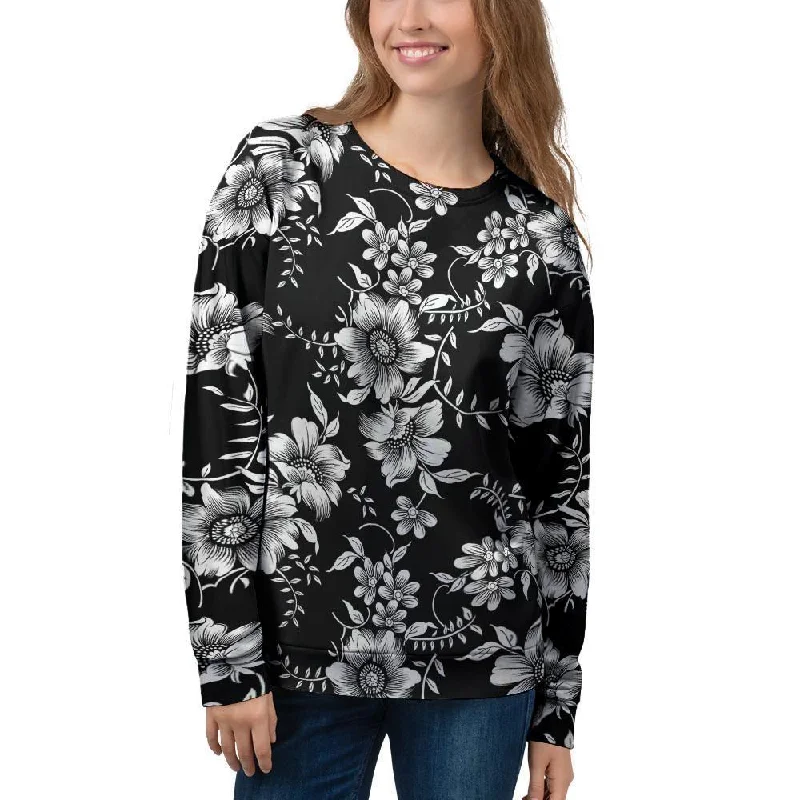 Black White Floral Print Women's Sweatshirt Hoodie with Patch Decorative Personalized