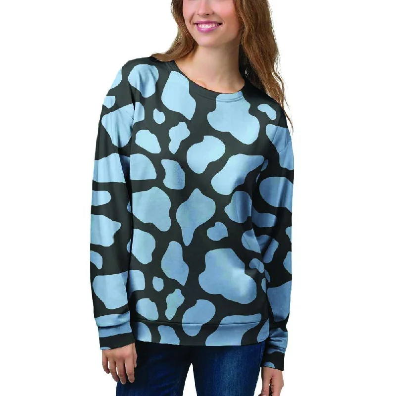 Blue And Black Cow Print Women's Sweatshirt Hoodie with Strings Custom Fit Adjustable