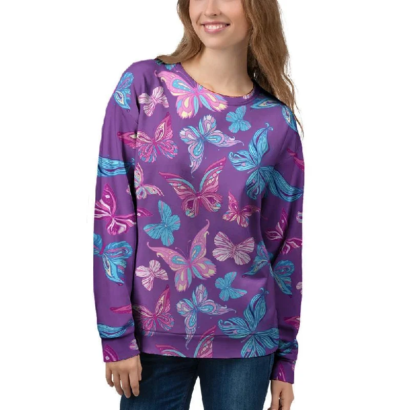 Blue And Pink Butterfly Print Women's Sweatshirt Hoodie Jacket Zipper Layering