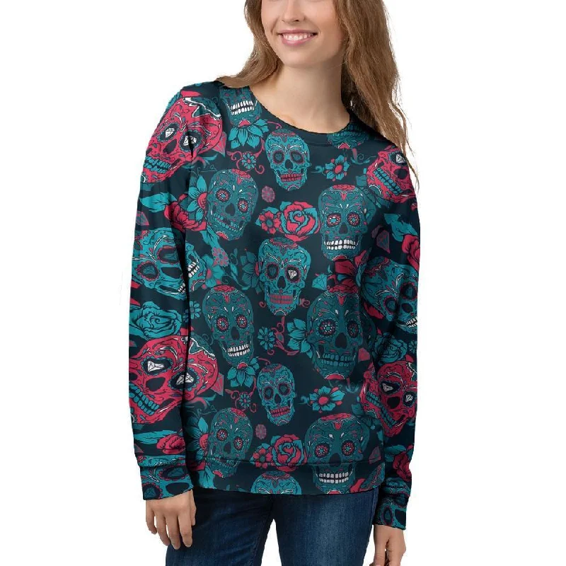 Blue And Red Floral Sugar Skull Women's Sweatshirt Hoodie with Hem Contrast Bold Stylish