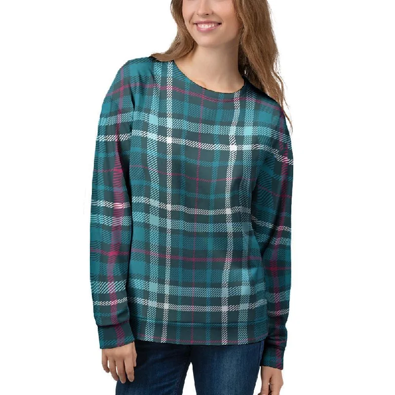 Blue Aqua Plaid Tartan Women's Sweatshirt Hoodie with Hem Embroidery Detailed Premium