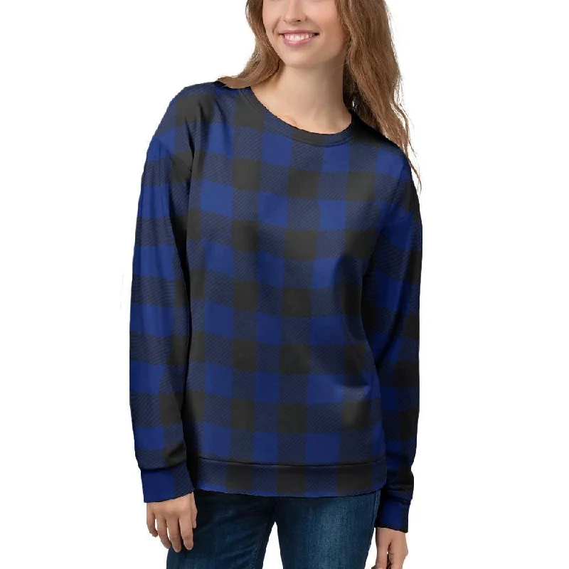 Blue Buffalo Plaid Women's Sweatshirt Hoodie with Side Slits Relaxed Casual