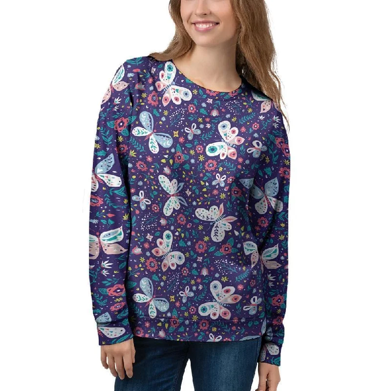 Blue Butterfly Floral Print Women's Sweatshirt Hoodie with Tied Waist Feminine Flattering