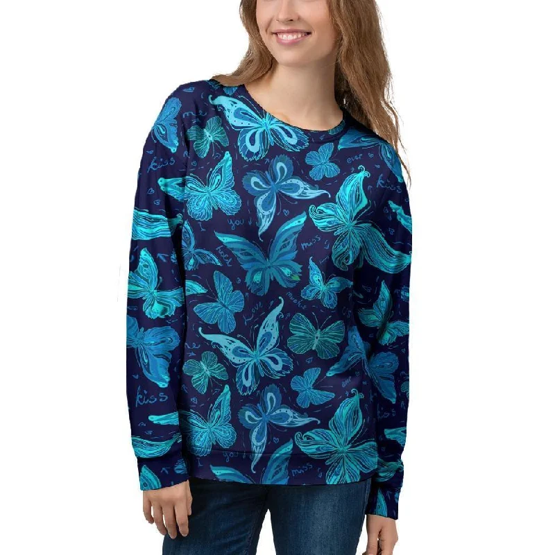 Blue Butterfly Print Women's Sweatshirt Hoodie with Drawstring Waist Adjustable Fitted