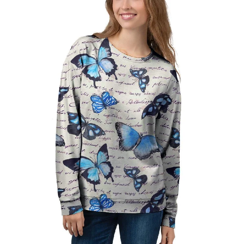 Blue Butterfly Watercolor Print Women's Sweatshirt Hoodie with Toggle Buttons Decorative Unique