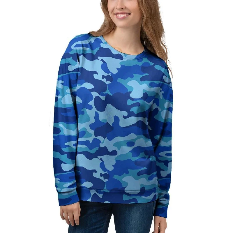 Blue Camo Print Women's Sweatshirt Hoodie with Half-Zip Sporty Casual