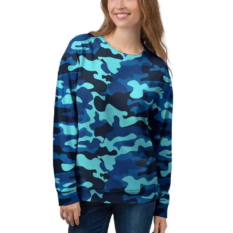 Blue Camoflage Print Women's Sweatshirt Hoodie with Hidden Zipper Minimalist Clean