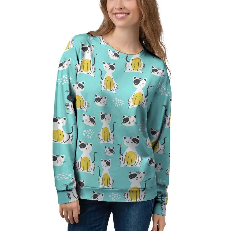 Blue Cat Print Women's Sweatshirt Hoodie with Turtle Neck Cozy Winter