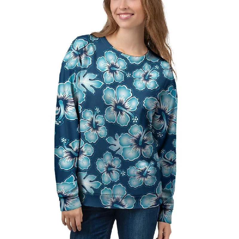 Blue Hibiscus Hawaiian Print Women's Sweatshirt Hoodie with Set-In Sleeves Structured Classic